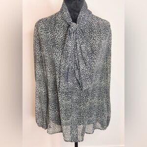 Eva Mendes Leopard Print Blouse – Tie Neck & Sheer Sleeves | Size M